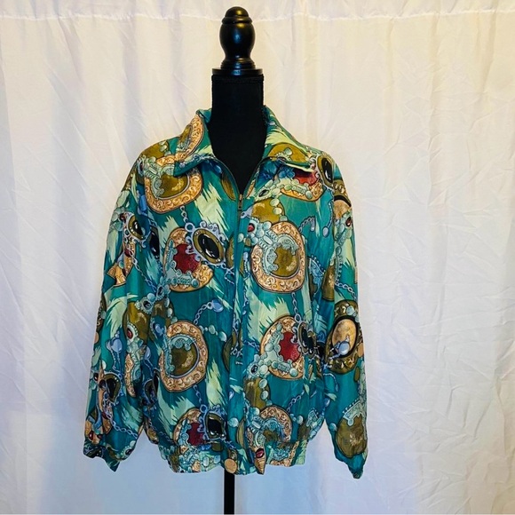 Jackets & Blazers - Coaco Vintage 80s 90s Baroque Print Windbreaker Jacket Teal Gold Chain Zip Up